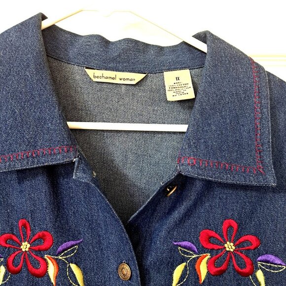 Vintage Bechamel Woman 1X Medium Wash Denim Embroidered Shacket Coastal Grandma - Picture 4 of 11